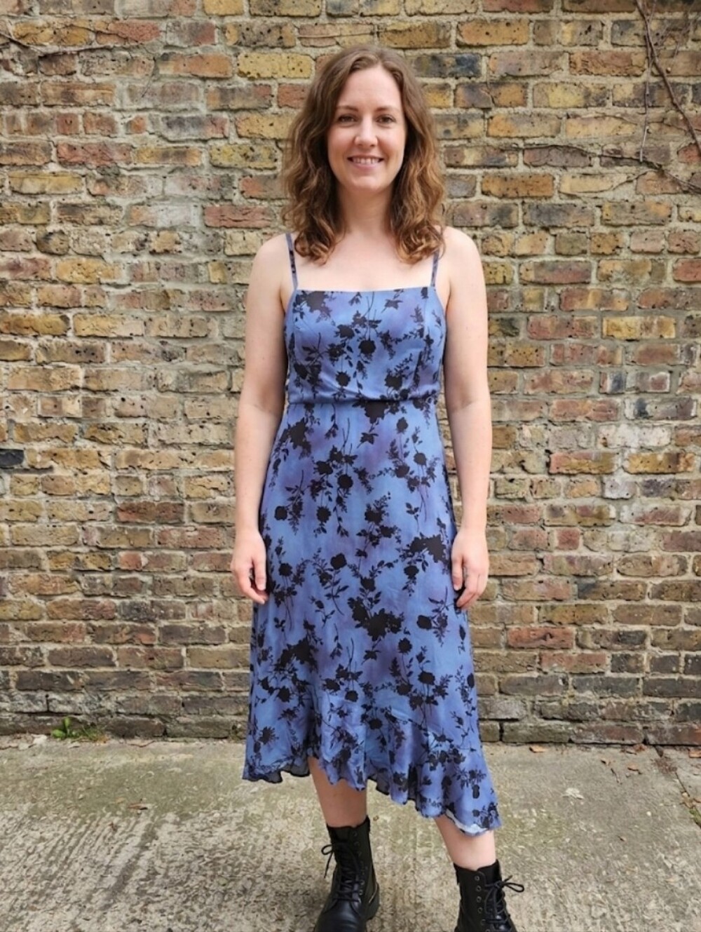 Blue Floral Midi Dress Asymmetrical Ruffle Hem Whimsigoth Fairycore Grunge NWT